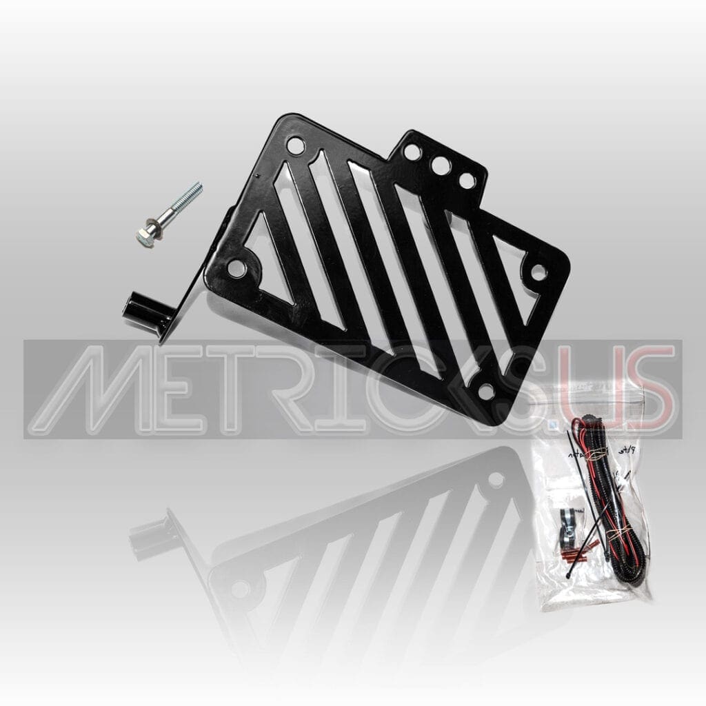 A black metal frame with a small piece of wire attached to it.