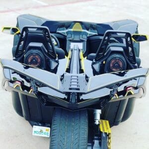 A close up of the front end of a batman motorcycle