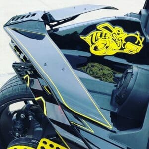 A close up of the hood on a motorcycle