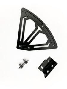A black metal triangle with two pieces of hardware.