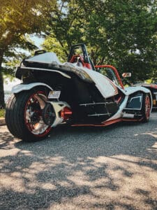 A motorcycle parked on the side of a road.